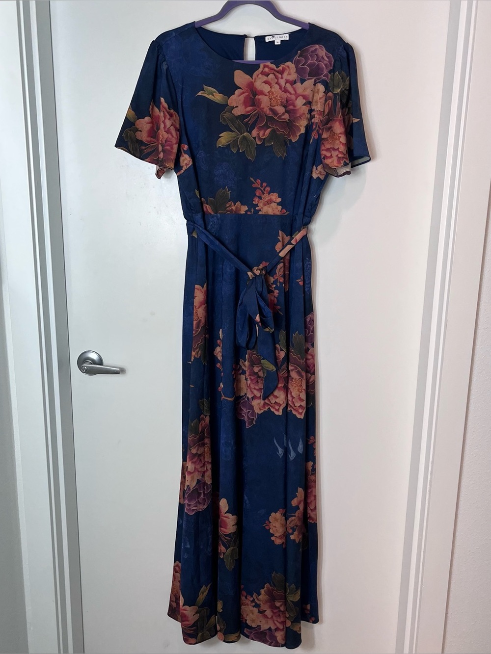 Baltic Born Colina Maxi Dress Navy Blue Floral Women's XL Side Slit Tie Waist - Picture 2 of 11